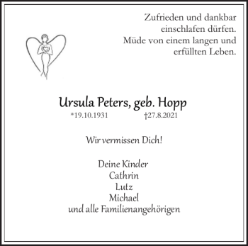 Traueranzeige von Ursula Peters von Norddeutsche Rundschau