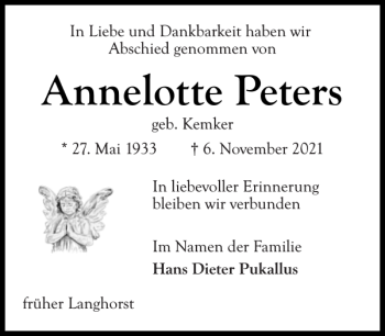 Traueranzeige von Annelotte Peters von Eckernförder Zeitung