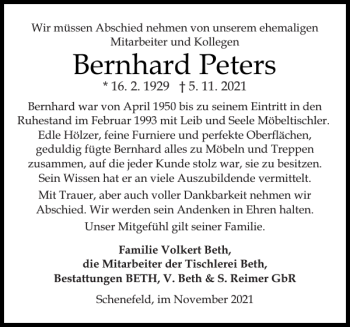 Traueranzeige von Bernhard Peters von Norddeutsche Rundschau
