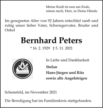 Traueranzeige von Bernhard Peters von Norddeutsche Rundschau