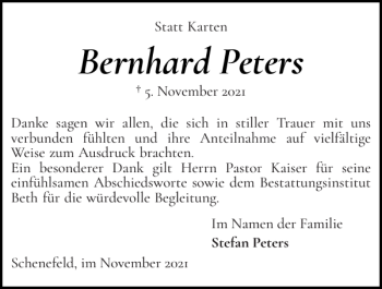 Traueranzeige von Bernhard Peters von Norddeutsche Rundschau