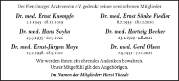 Traueranzeige von Der Flensburger Ärzteverein e.V. gedenkt seiner verstorbenen Mitglieder  von Flensburger Tageblatt
