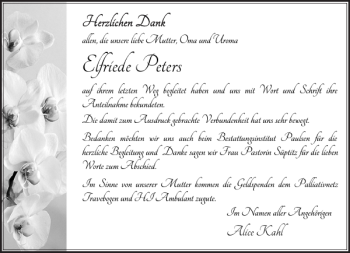 Traueranzeige von Elfriede Peters von Stormarner Tageblatt