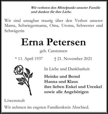 Traueranzeige von Erna Petersen von Husumer Nachrichten