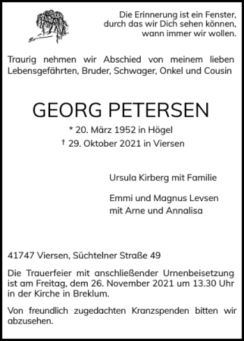 Traueranzeige von GEORG PETERSEN von Husumer Nachrichten
