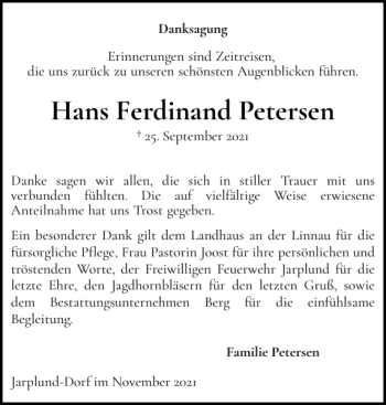 Traueranzeige von Hans Ferdinand Petersen von Flensburger Tageblatt