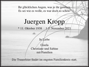 Traueranzeige von Juergen Kropp von Stormarner Tageblatt