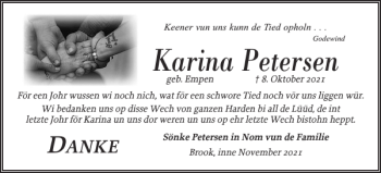 Traueranzeige von Karina Petersen von Husumer Nachrichten