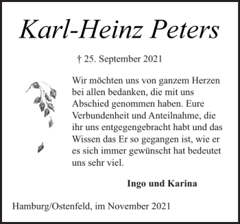 Traueranzeige von Karl-Heinz Peters von Landeszeitung