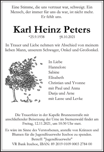 Traueranzeige von Karl Heinz Peters von Norddeutsche Rundschau