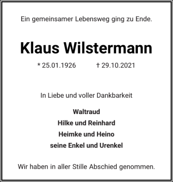 Traueranzeige von Klaus Wilstermann von Holsteinischer Courier