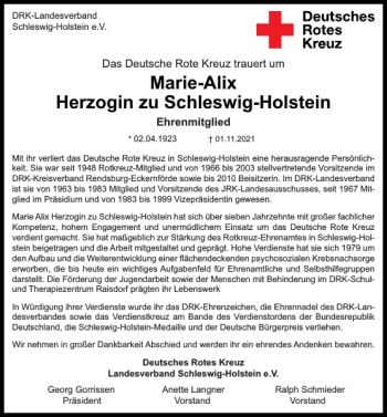 Traueranzeige von Marie-Alix Herzogin zu Schleswig-Holstein von Stormarner Tageblatt