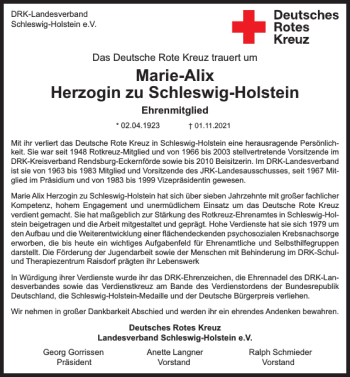 Traueranzeige von Marie-Alix Herzogin zu Schleswig-Holstein von Pinneberger Tageblatt