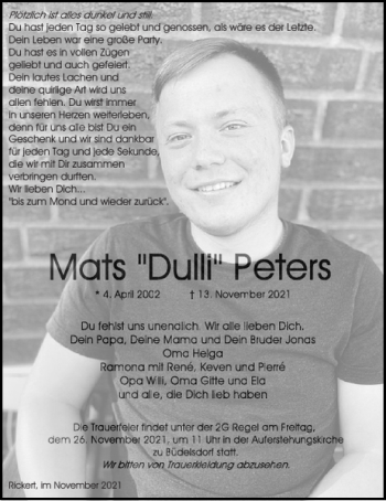Traueranzeige von Mats (Dulli) Peters von Landeszeitung