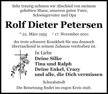 Traueranzeige von Rolf Dieter Petersen von Husumer Nachrichten