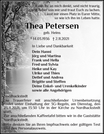 Traueranzeige von Thea Petersen von Flensburger Tageblatt