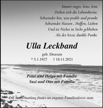 Traueranzeige von Ulla Leckband von Eckernförder Zeitung