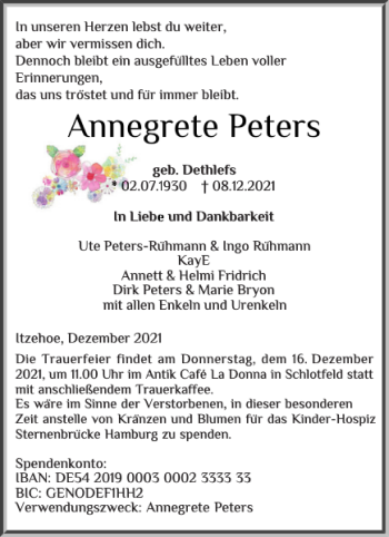 Traueranzeige von Annegrete Peters von Norddeutsche Rundschau