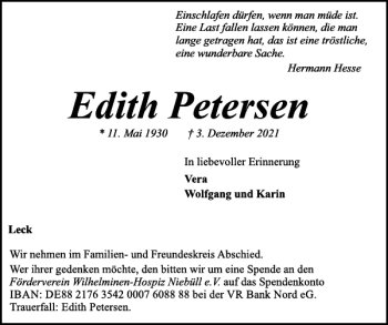 Traueranzeige von Edith Petersen von Flensburger Tageblatt