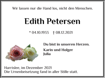 Traueranzeige von Edith Petersen von Flensburger Tageblatt