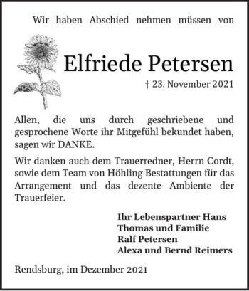 Traueranzeige von Elfriede Petersen von Landeszeitung