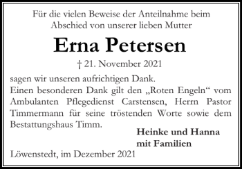 Traueranzeige von Erna Petersen von Husumer Nachrichten
