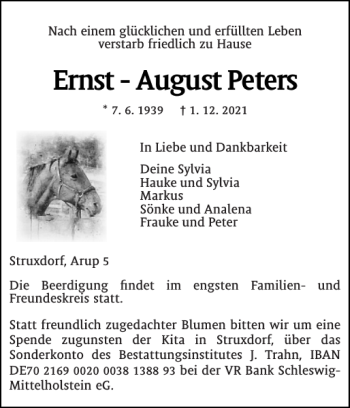Traueranzeige von Ernst-August Peters von Schleswiger Nachrichten