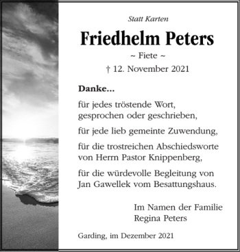 Traueranzeige von Friedhelm Peters von Husumer Nachrichten