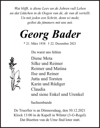Traueranzeige von Georg Bader von Norddeutsche Rundschau