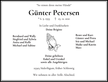 Traueranzeige von Günter Petersen von Schleswiger Nachrichten