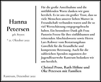 Traueranzeige von Hanna Petersen von Husumer Nachrichten