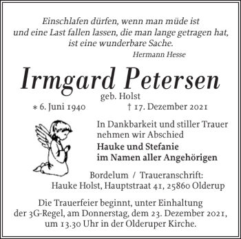 Traueranzeige von Irmgard Petersen von Husumer Nachrichten