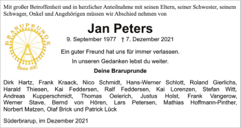 Traueranzeige von Jan Peters von Flensburger Tageblatt