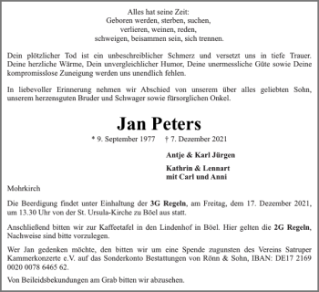 Traueranzeige von Jan Peters von Flensburger Tageblatt