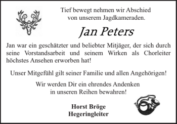 Traueranzeige von Jan Peters von Flensburger Tageblatt
