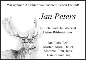 Traueranzeige von Jan Peters von Flensburger Tageblatt