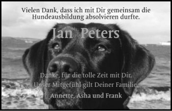 Traueranzeige von Jan Peters von Flensburger Tageblatt