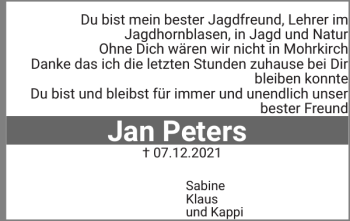 Traueranzeige von Jan Peters von Flensburger Tageblatt