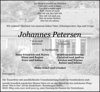 Traueranzeige von Johannes Petersen von Flensburger Tageblatt