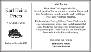 Traueranzeige von Karl Heinz Peters von Norddeutsche Rundschau
