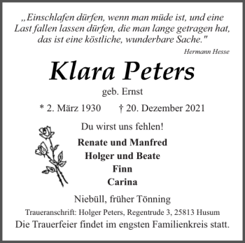 Traueranzeige von Klara Peters von Husumer Nachrichten