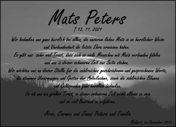Traueranzeige von Mats Peters von Landeszeitung