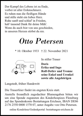 Traueranzeige von Otto Petersen von Flensburger Tageblatt