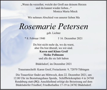 Traueranzeige von Rosemarie Petersen von Landeszeitung