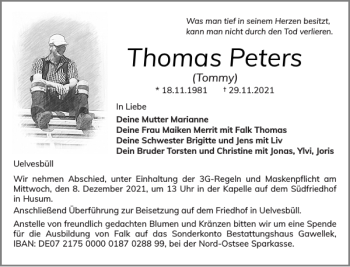 Traueranzeige von Thomas Peters von Husumer Nachrichten