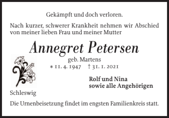 Traueranzeige von Annegret Petersen von Schleswiger Nachrichten