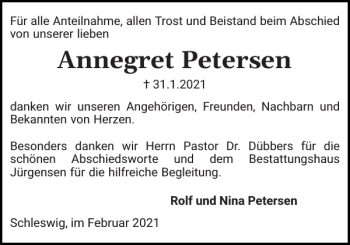 Traueranzeige von Annegret Petersen von Schleswiger Nachrichten