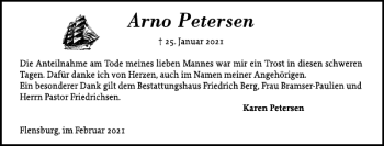 Traueranzeige von Arno Petersen von Flensburger Tageblatt
