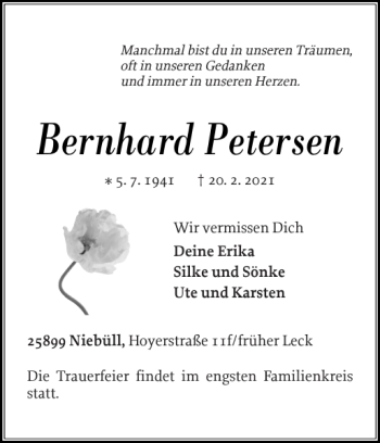 Traueranzeige von Bernhard Petersen von Nordfriesland Tageblatt