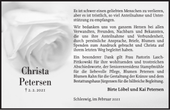 Traueranzeige von Christa Petersen von Schleswiger Nachrichten